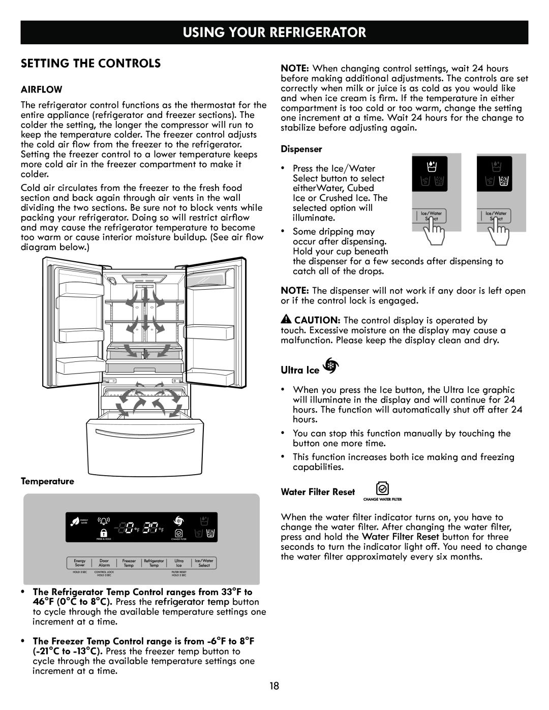Kenmore kenmore manual Using Your Refrigerator, Setting The Controls, Ultra Ice, Airflow, Temperature, Dispenser 