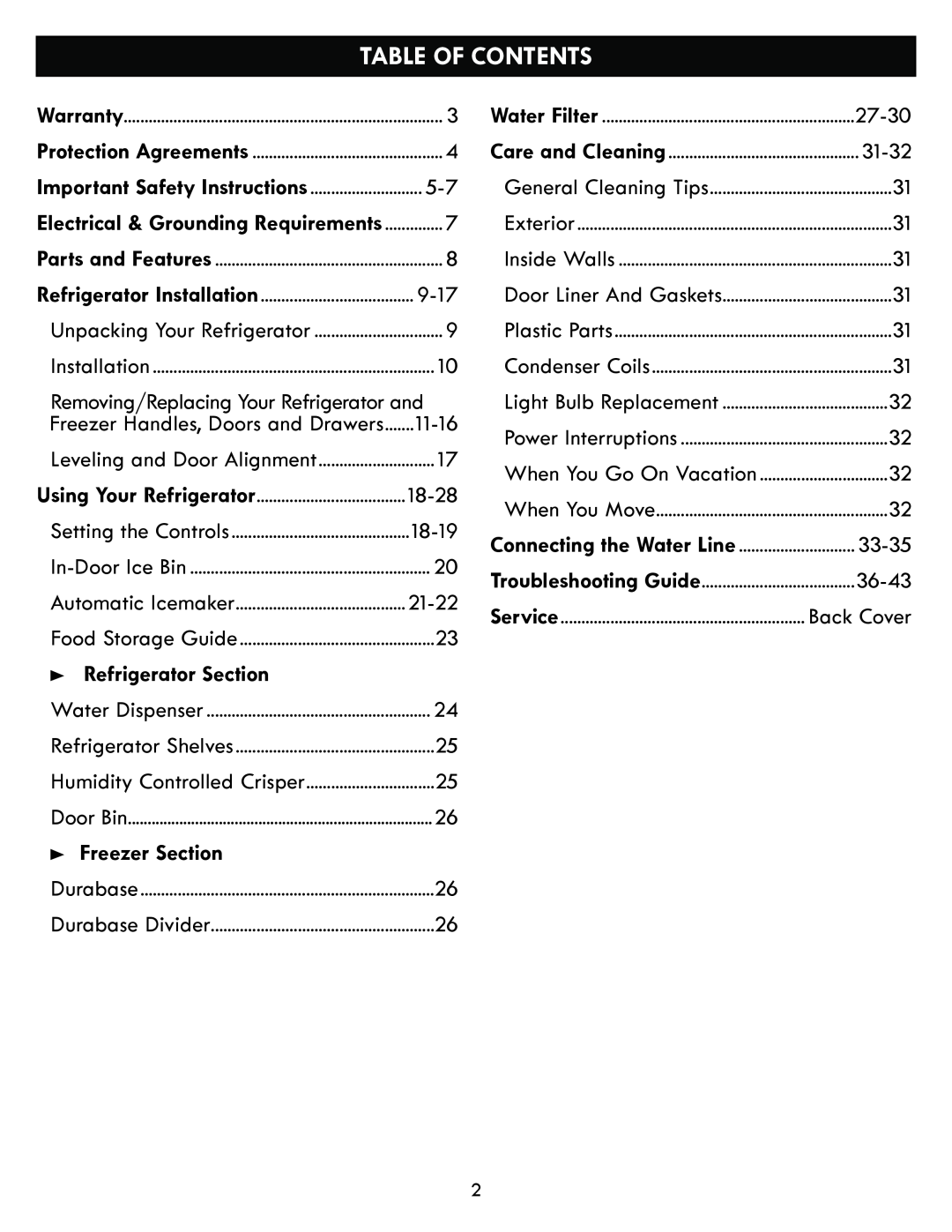 Kenmore kenmore manual Table Of Contents, Refrigerator Section, Freezer Section 