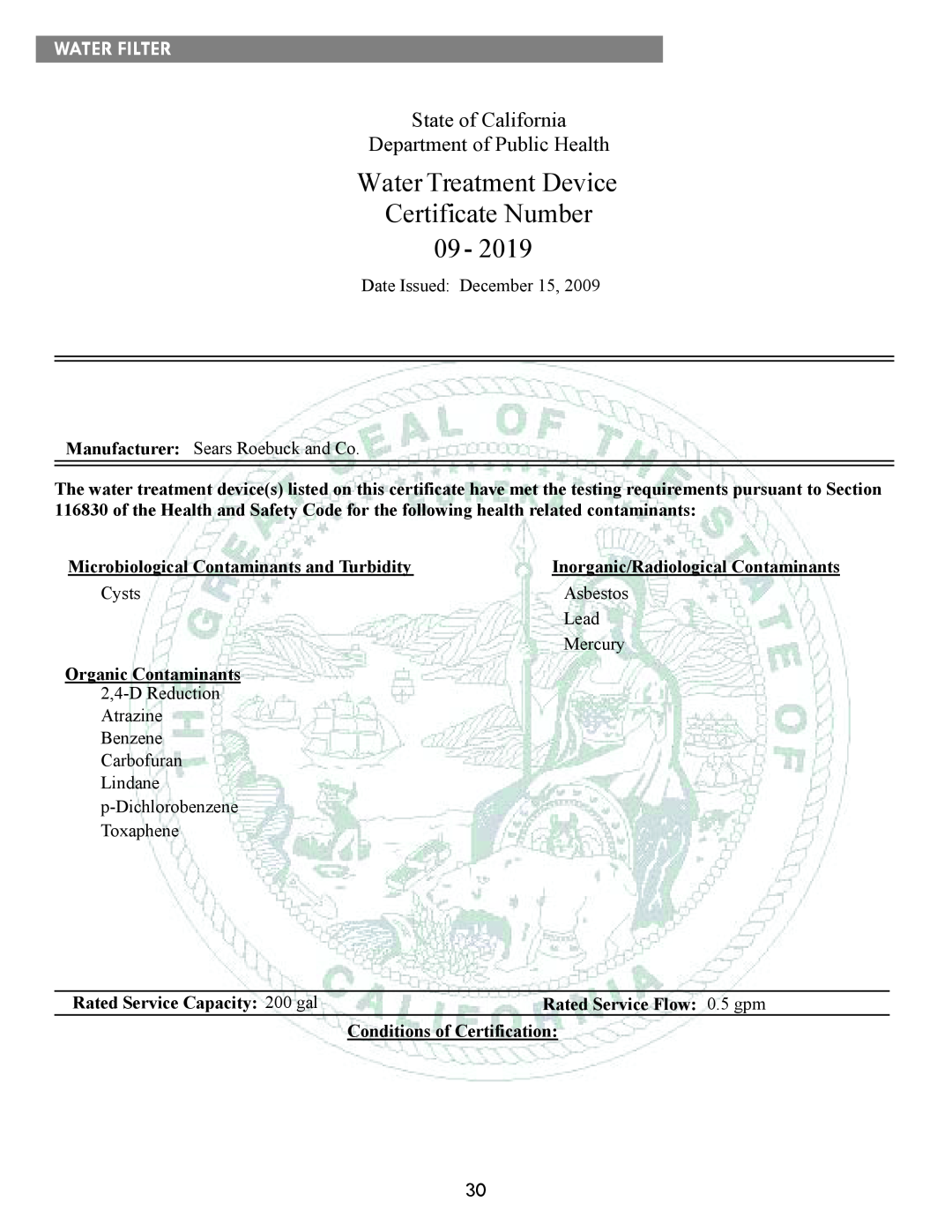 Kenmore kenmore Water Treatment Device Certificate Number, State of California Department of Public Health, Water Filter 