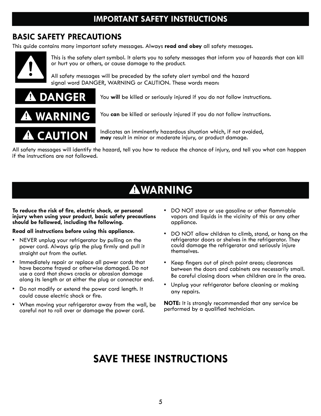 Kenmore kenmore manual Save These Instructions, Important Safety Instructions, Basic Safety Precautions, Danger 