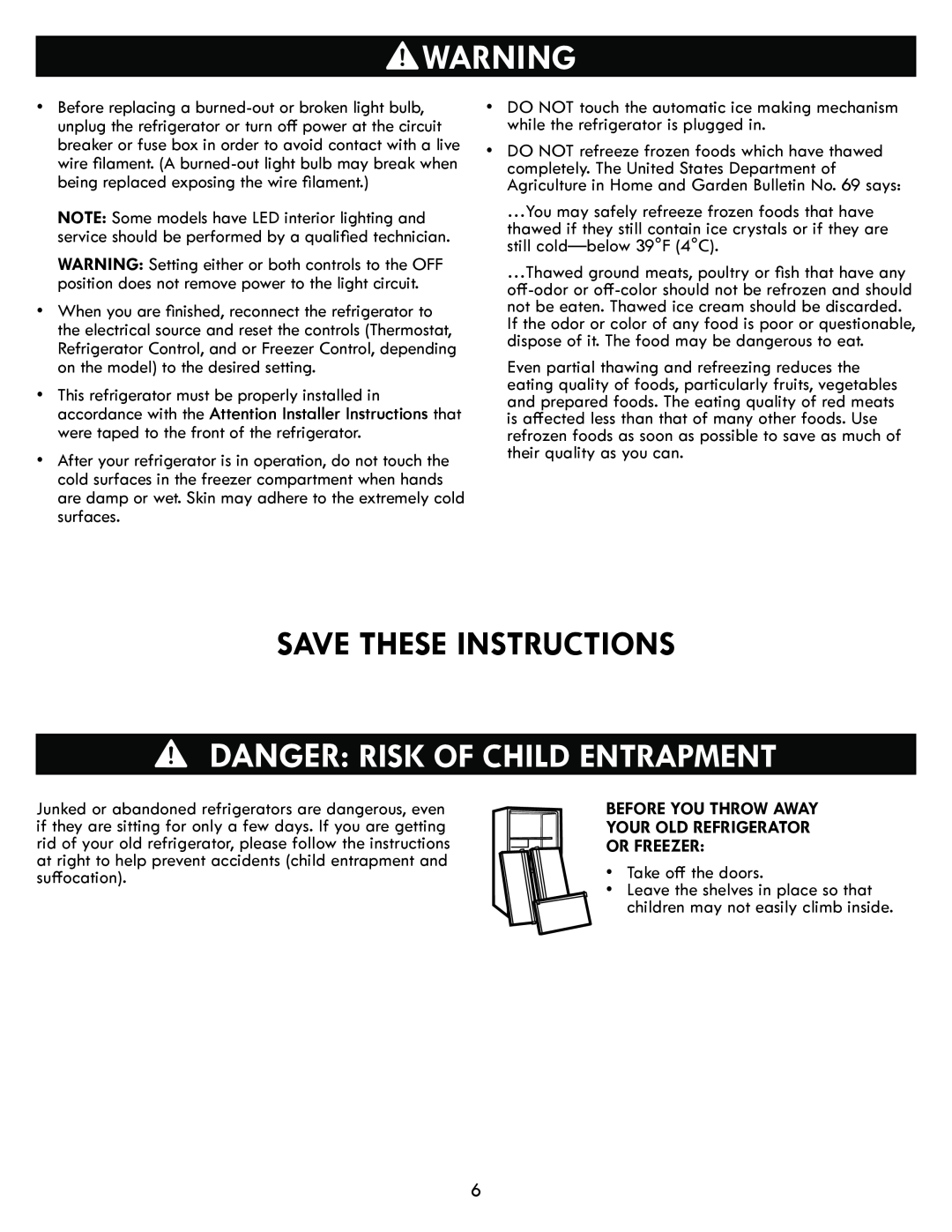 Kenmore kenmore Save These Instructions, Danger Risk Of Child Entrapment, Before You Throw Away Your Old Refrigerator 