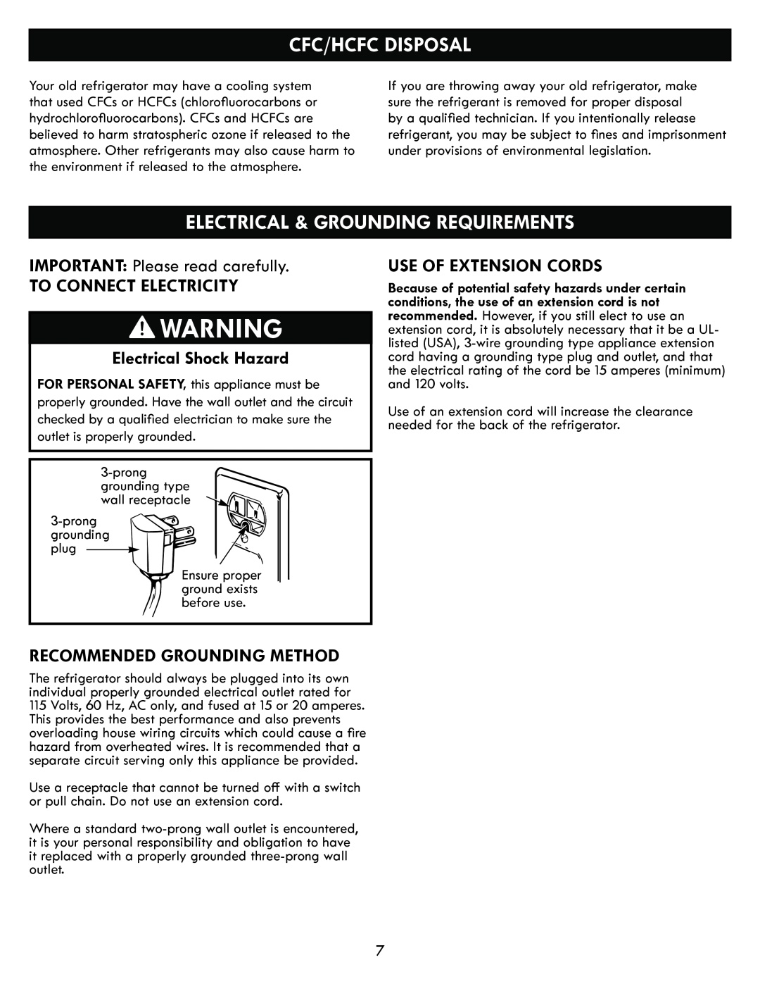 Kenmore kenmore Cfc/Hcfc Disposal, Electrical & Grounding Requirements, To Connect Electricity, Electrical Shock Hazard 
