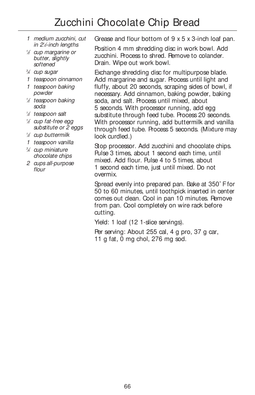 Kenmore KFPDS6, KFPSL6, KFPSL4, KFPFF, KFPSH6, KFPPS, KFPCJ Zucchini Chocolate Chip Bread, ⁄2 cup buttermilk Teaspoon vanilla 