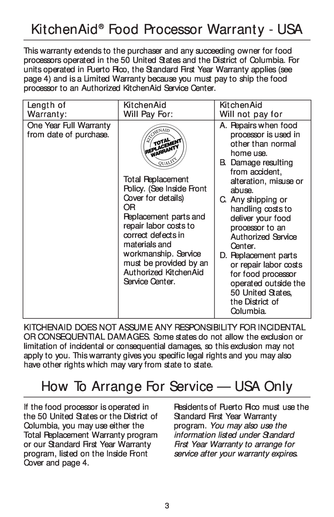 Kenmore KFPCJ, KFPSL6 KitchenAid Food Processor Warranty - USA, How To Arrange For Service - USA Only, Length of Warranty 