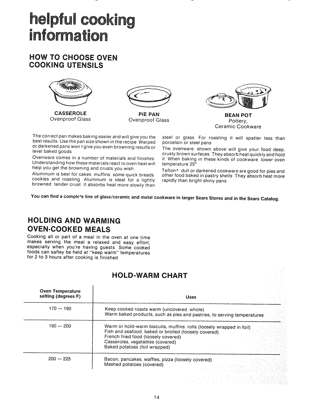 Kenmore Kitchen Grill manual Holding and Warming, OVEN-COOKED Meals, HOLD-WARM Chart, Casserole, Bean POT 