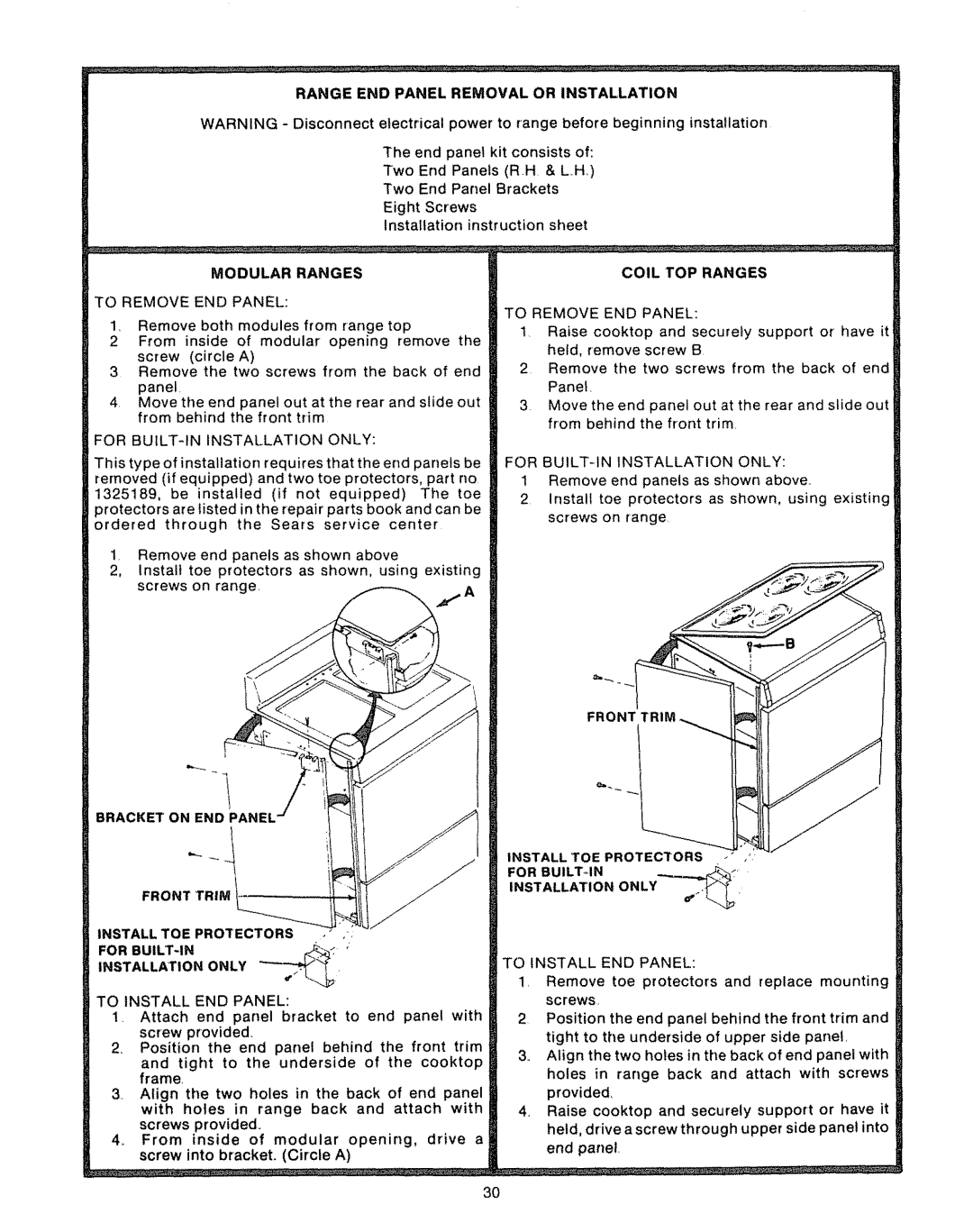 Kenmore Kitchen Grill manual Range END Panel Removal or Installation, Modular Ranges, Coil TOP Ranges, Front, Screws 