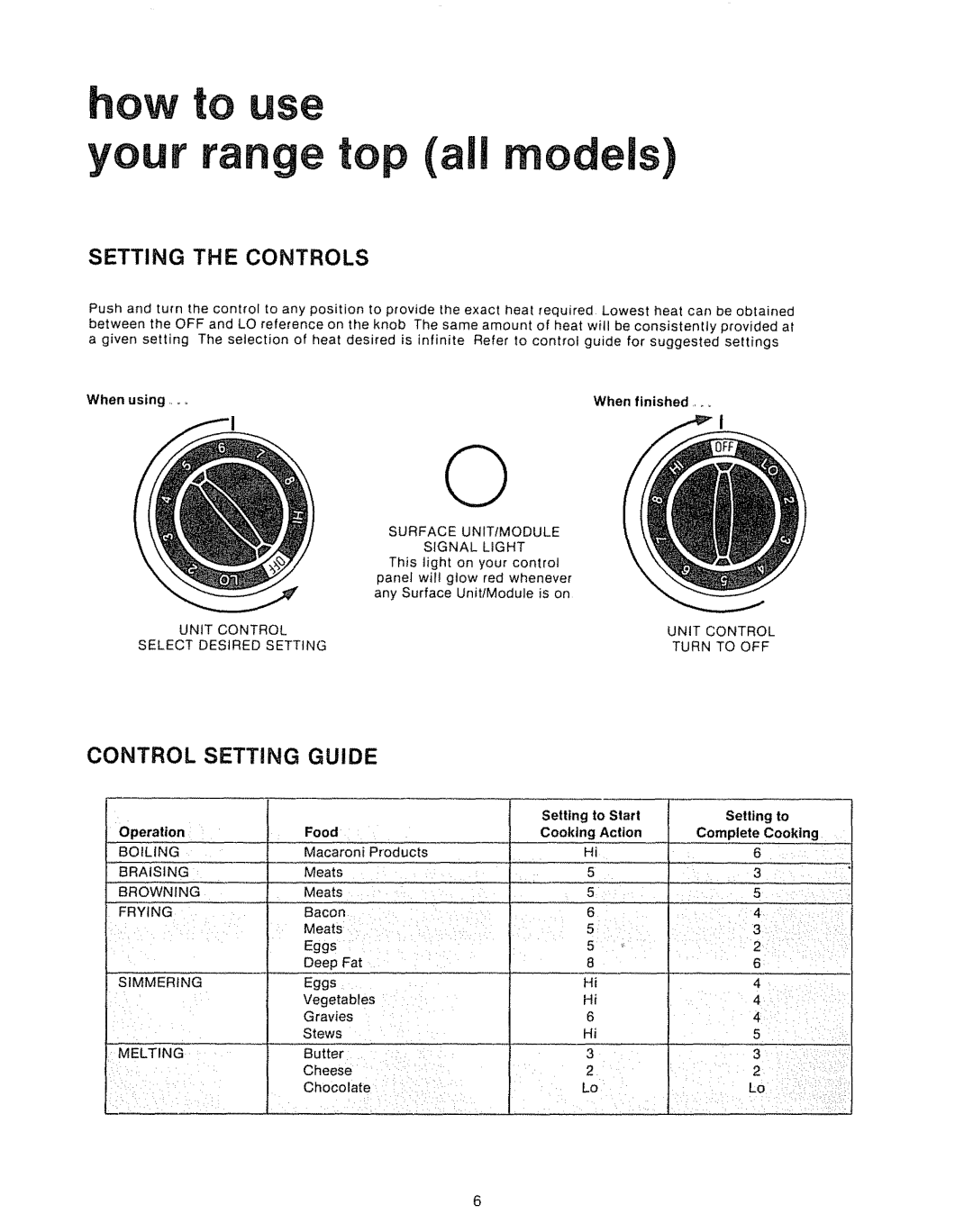 Kenmore Kitchen Grill manual Setting the Controls, Control Setting Guide, To Start, Operation Food, Cooking 