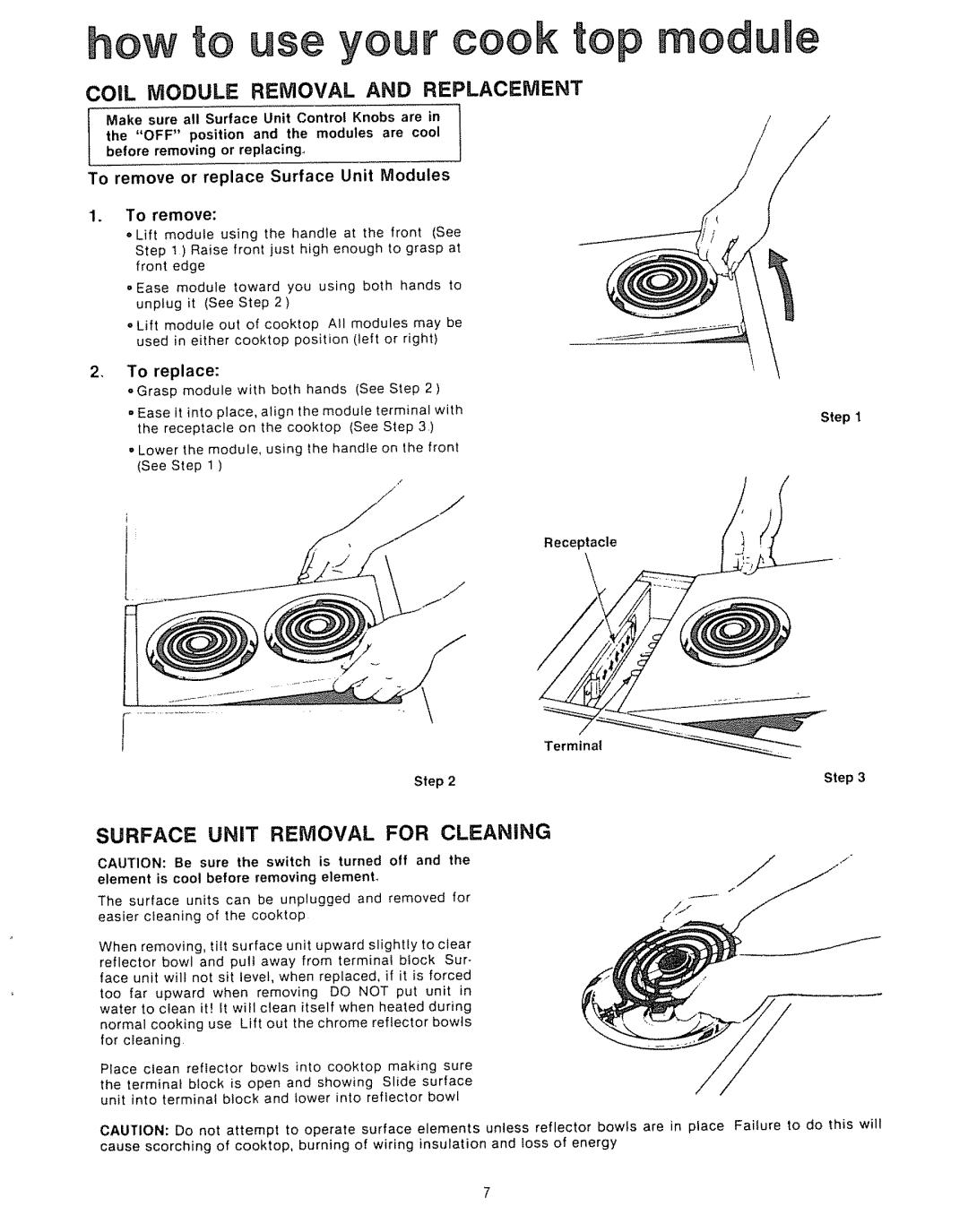 Kenmore Kitchen Grill manual Modume, COiL Module Removal and Replacement, To remove or replace Surface Unit Modules, Step 