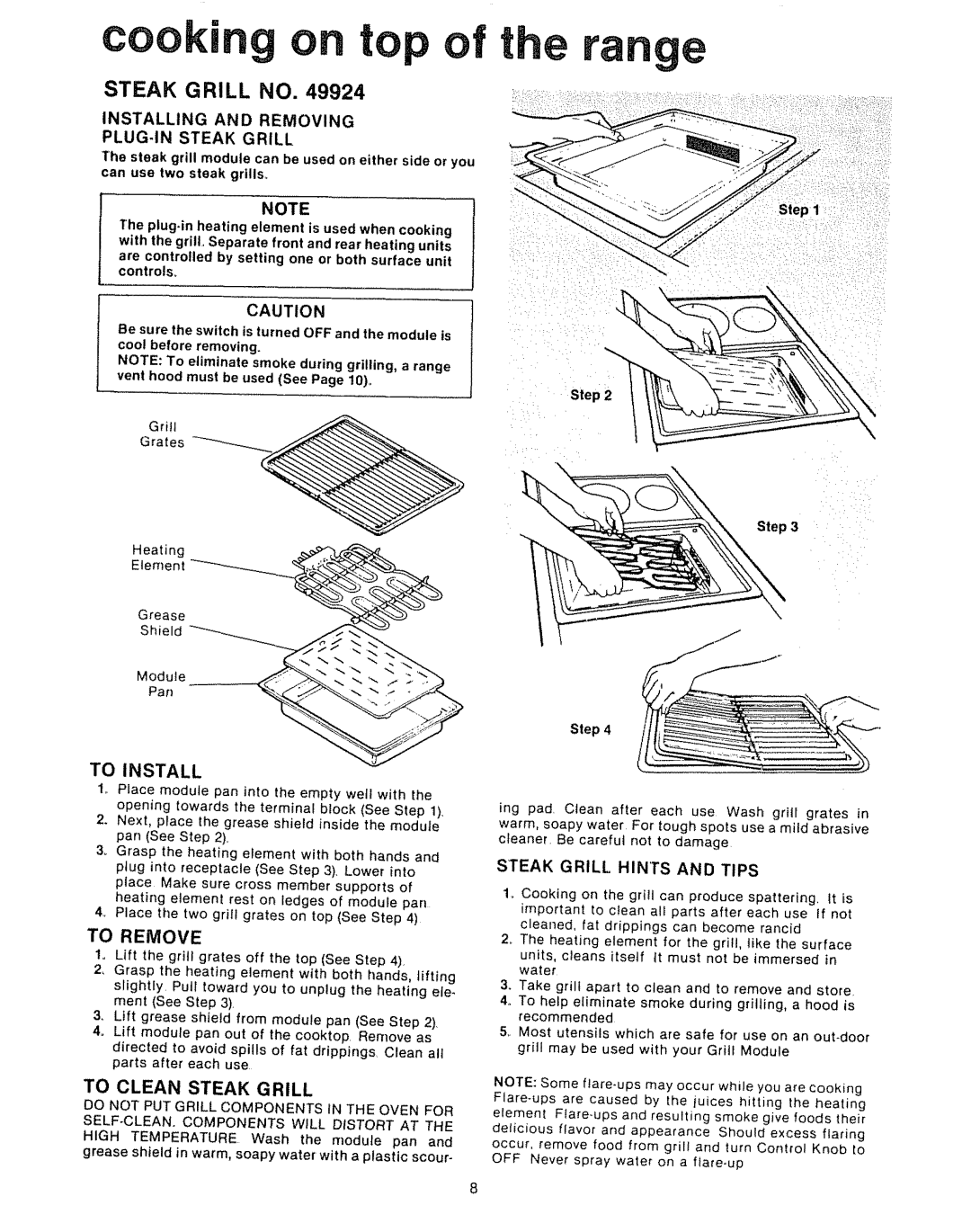 Kenmore Kitchen Grill manual Steak Grill no, To Install, To Clean Steak Grill, Installing and Removing Plugjn Steak Grill 