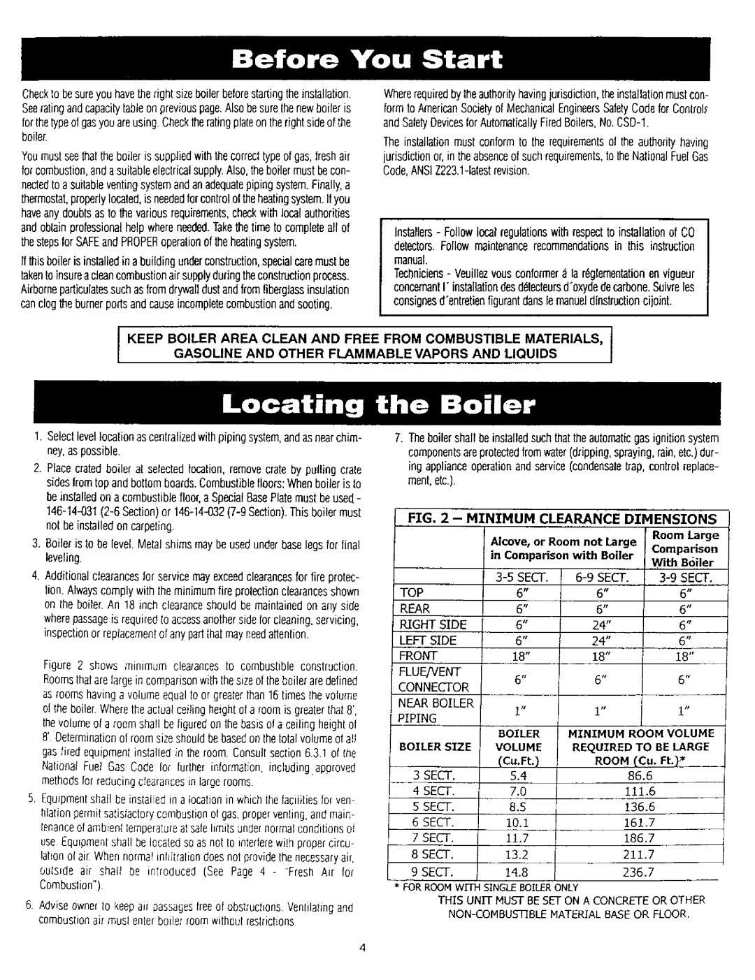 Kenmore KWX - 4V, KWX - 9V, KWX - 8V, KWX - 3V, KWX - 6V, KWX - 7V FIG, 2 Minimum Clearance Dtmensions, Boiler, Volume 