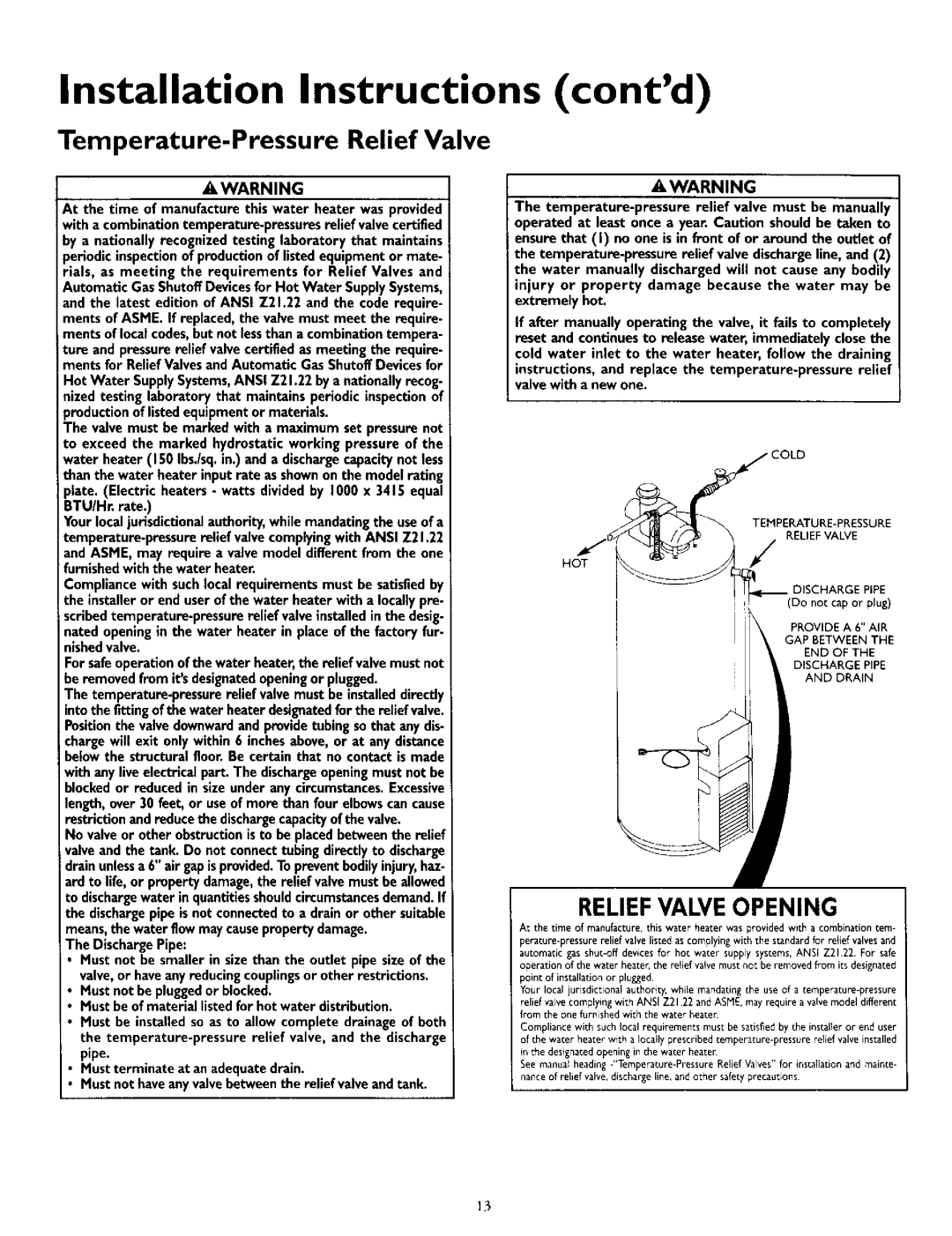 Kenmore 153.335942, L53.335816, 153.335845, 153.335962, 153.335862 Temperature-Pressure Relief Valve, Reliefvalve Opening 