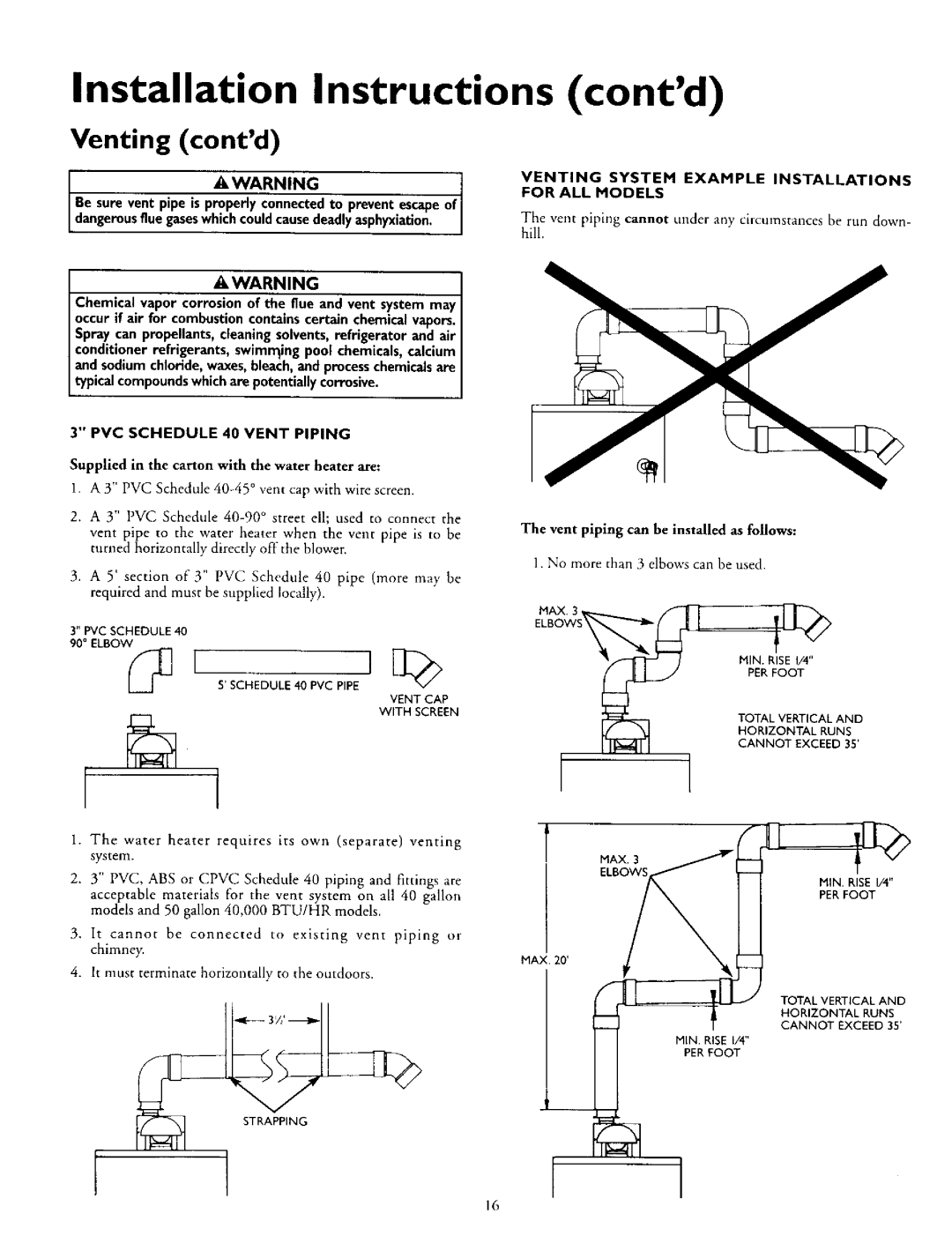 Kenmore 153.335862 Venting contd, Be sure vent pipe is properlyconnectedto preventescape, PVC Schedule 40 Vent Piping 