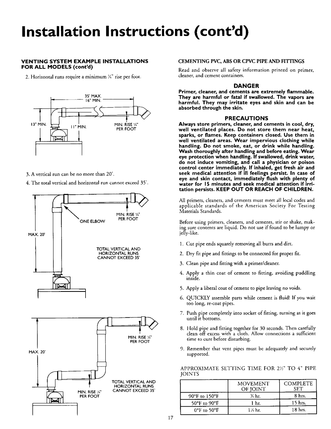 Kenmore 153.335916, L53.335816, 153.335942 Contd, Venting System Example Installations for ALL Models contd, ONE Elbow 