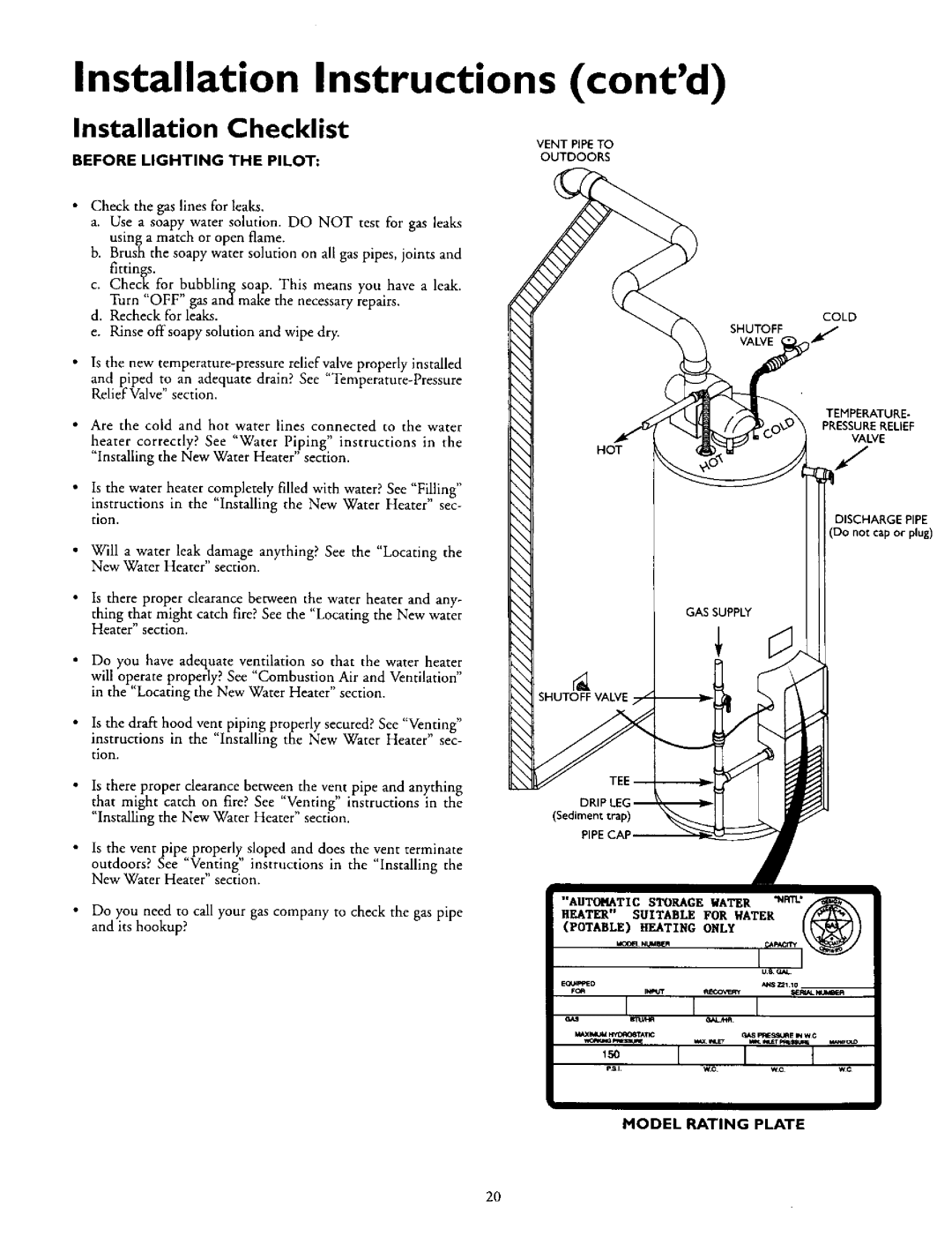 Kenmore 153.335845, L53.335816, 153.335942, 153.335962 Installation Checklist, Before Lighting the Pilot, Model Rating Plate 