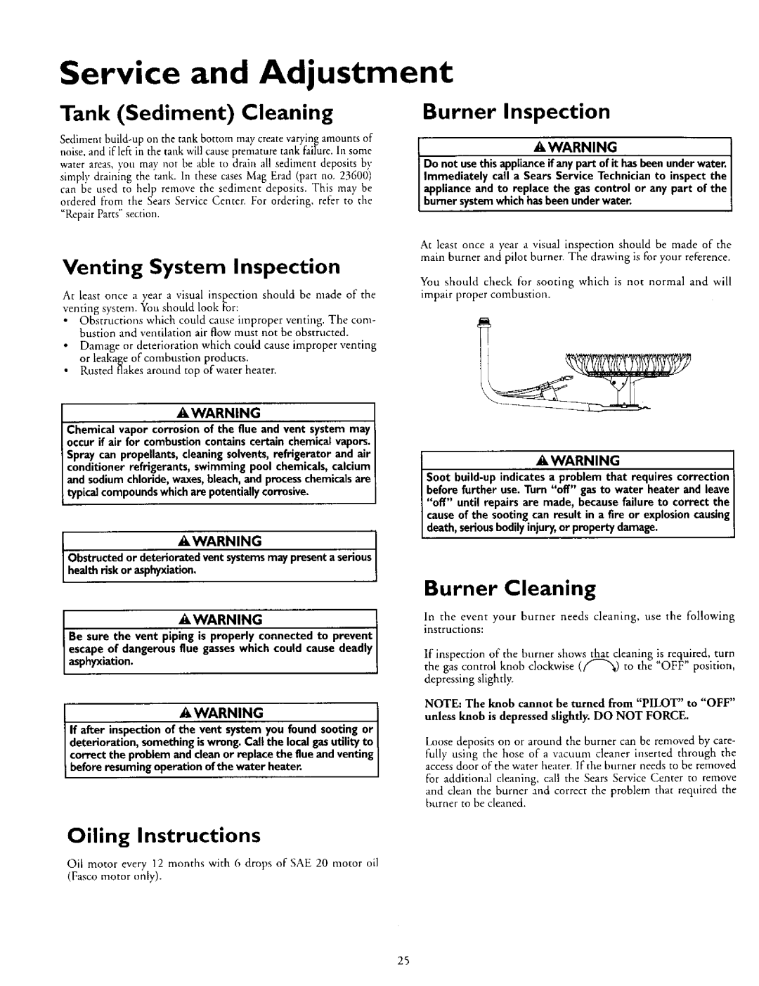 Kenmore 153.335942, L53.335816 Service and Adjustment, Tank Sediment Cleaning, Burner Inspection, Burner Cleaning 