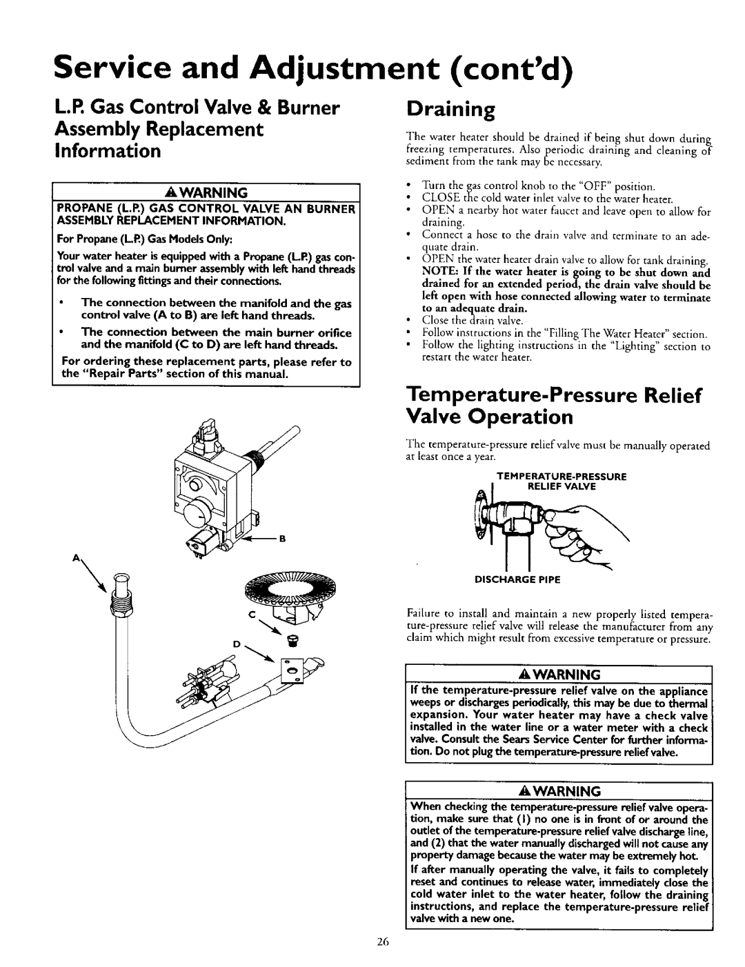 Kenmore 153.335845, L53.335816, 153.335942, 153.335962 Service and Adjustment contd, Draining, Temperature-Pressure Relief 