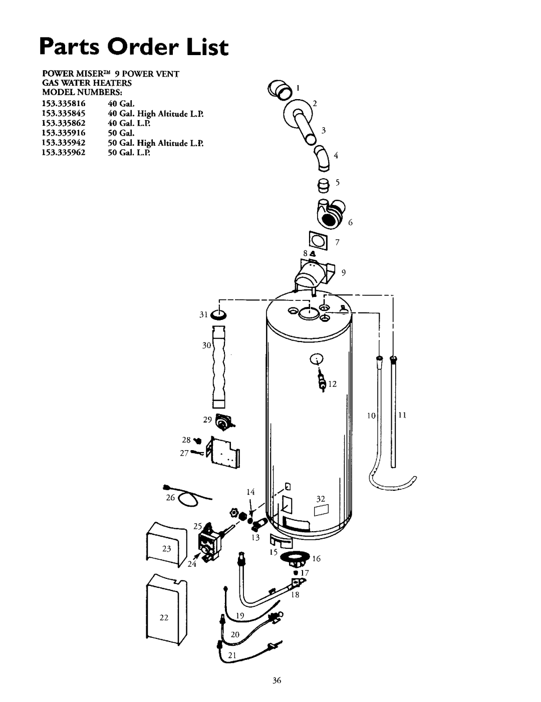 Kenmore L53.335816, 153.335942, 153.335845, 153.335962, 153.335862, 153.335916 owner manual Parts Order List 