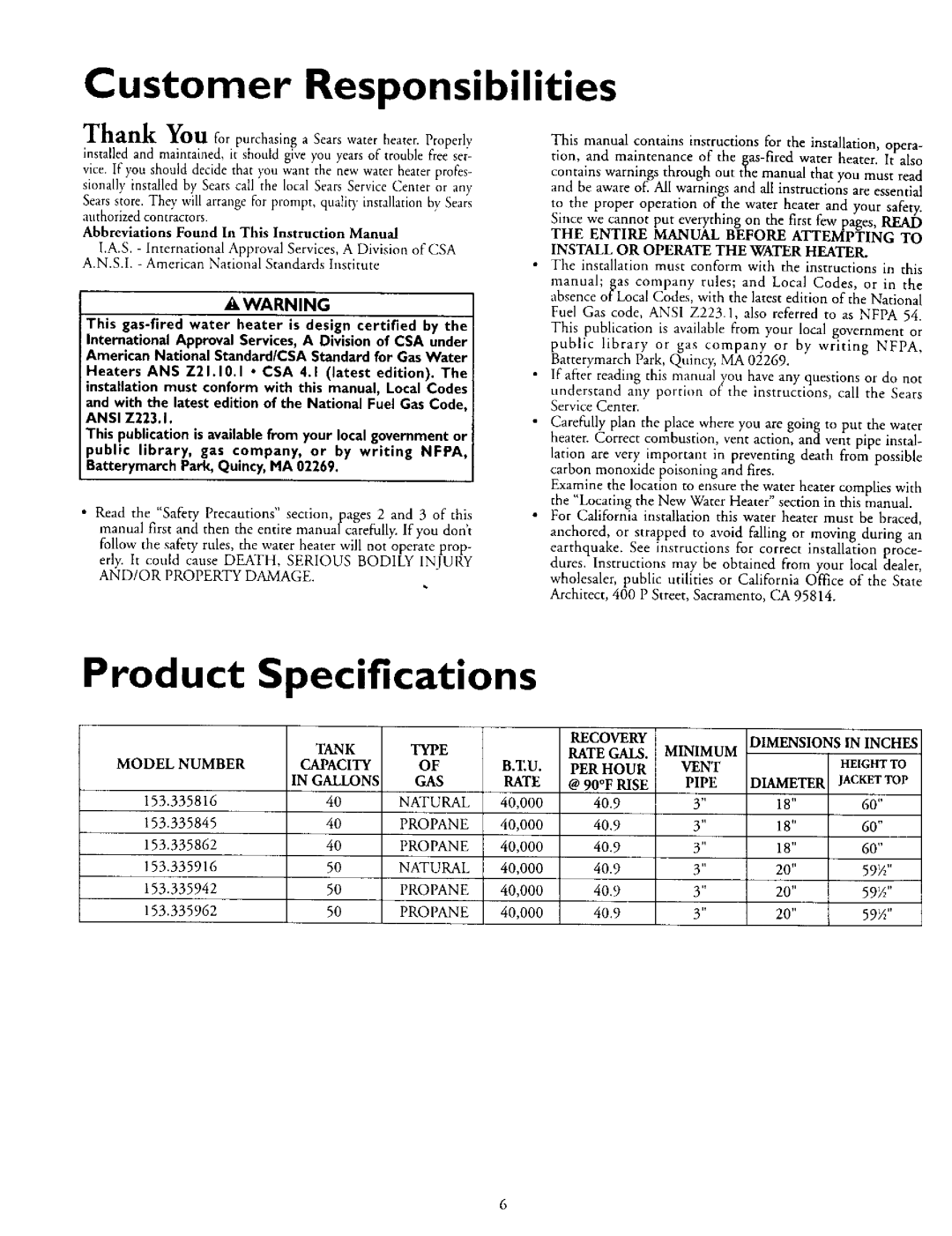 Kenmore L53.335816, 153.335942, 153.335845, 153.335962, 153.335862, 153.335916 owner manual Customer Responsibilities, Product 