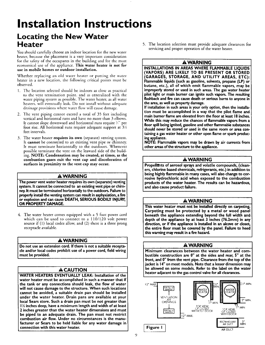 Kenmore 153.335962, L53.335816, 153.335942 Installation Instructions, Locating the New Water Heater, Or Property Damage 