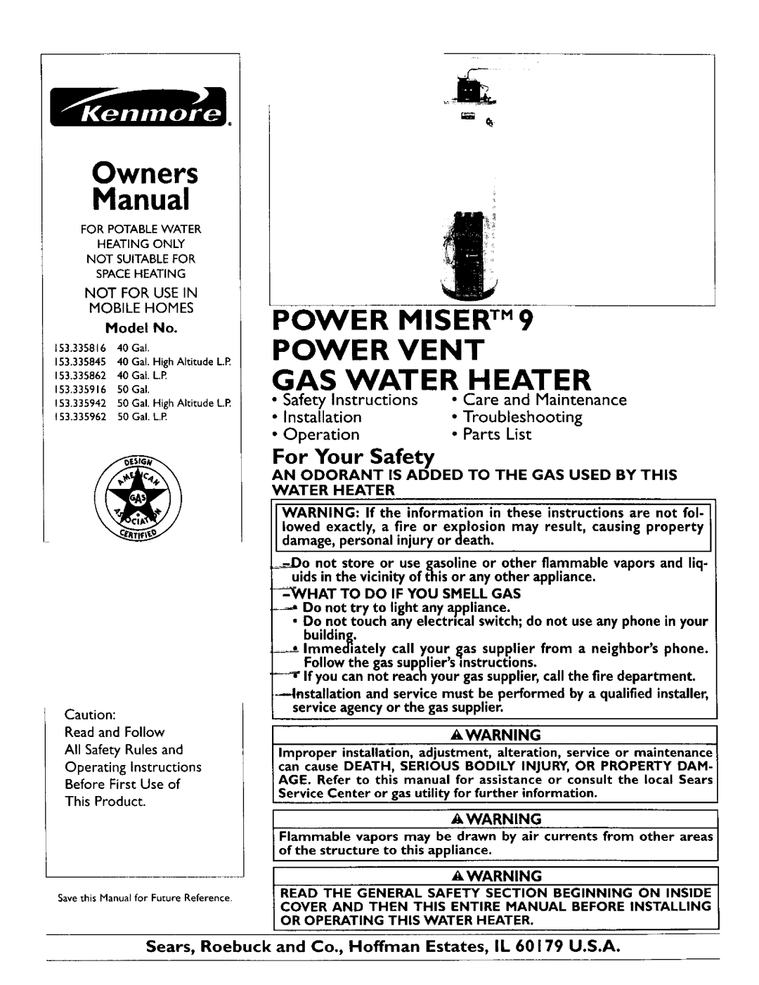 Kenmore 153.335845 owner manual Manual, Power Miser Tm Power Vent Gas Water Heater, For Your Safety, Installation, Owners 