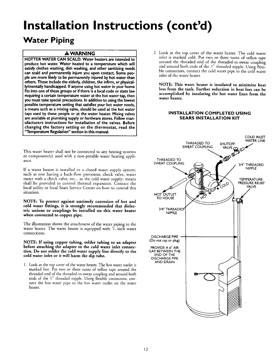 Kenmore L53.335816 Water Piping, Installation Instructions contd, Installation Completed Using, Sears Installation Kit 