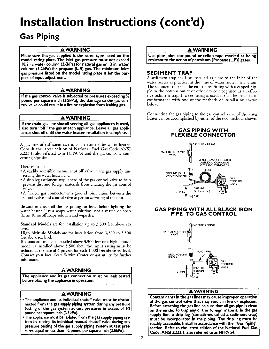 Kenmore 153.335942, L53.335816 Installation Instructions contd, Awarningi, Gas Piping With Flexible Connector 