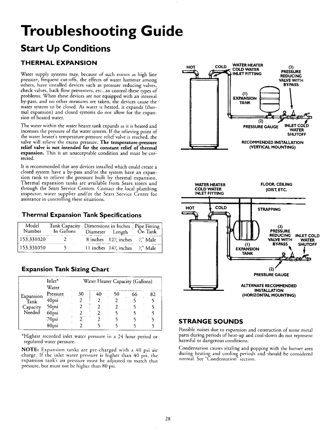 Kenmore 153.335862 Troubleshooting Guide, Start Up Conditions, Thermal Expansion Tank Specifications, WMale, PRESSUR gGAUG 