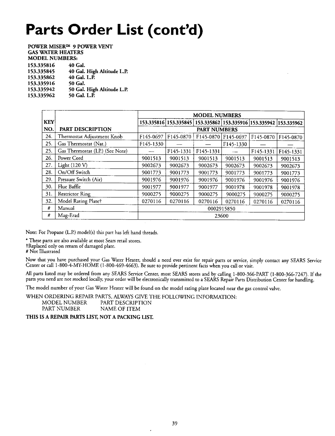 Kenmore 153.335962 Parts Order List contd, POWER MISER TM 9 POWER VENT GAS WATER HEATERS, Model Numbers, #Manual, 9001513 