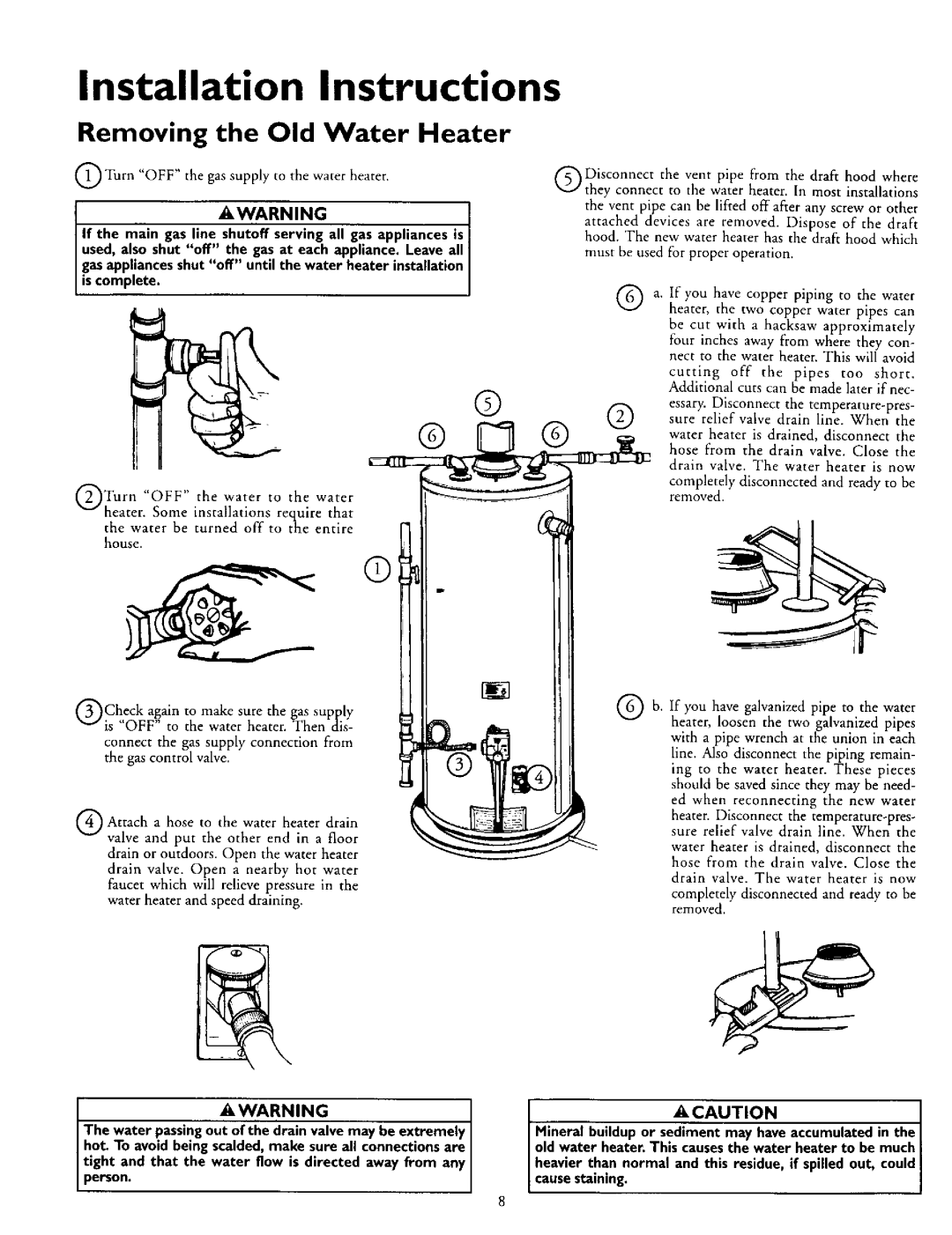 Kenmore 153.335845, L53.335816, 153.335942, 153.335962 Installation Instructions, Removing the Old Water Heater, A Caution 