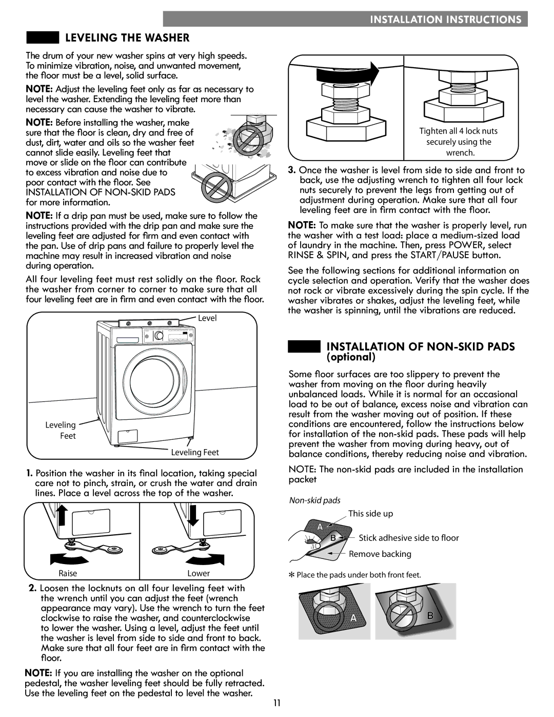 Kenmore MFL67360428 manual Leveling the Washer, Installation of NON-SKID Pads optional 