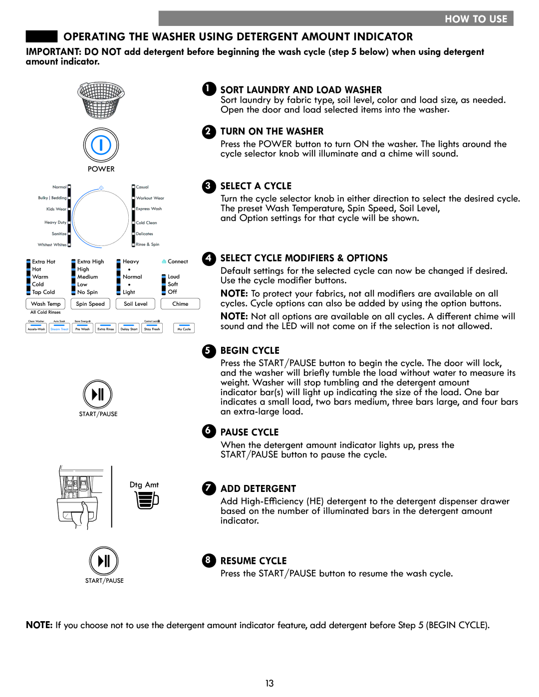 Kenmore MFL67360428 manual Operating the Washer Using Detergent Amount Indicator 