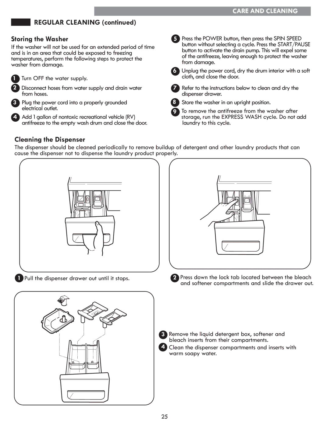 Kenmore MFL67360428 manual Regular Cleaning, Storing the Washer, Cleaning the Dispenser 