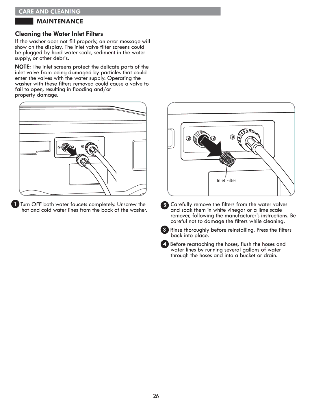 Kenmore MFL67360428 manual Maintenance, Cleaning the Water Inlet Filters 