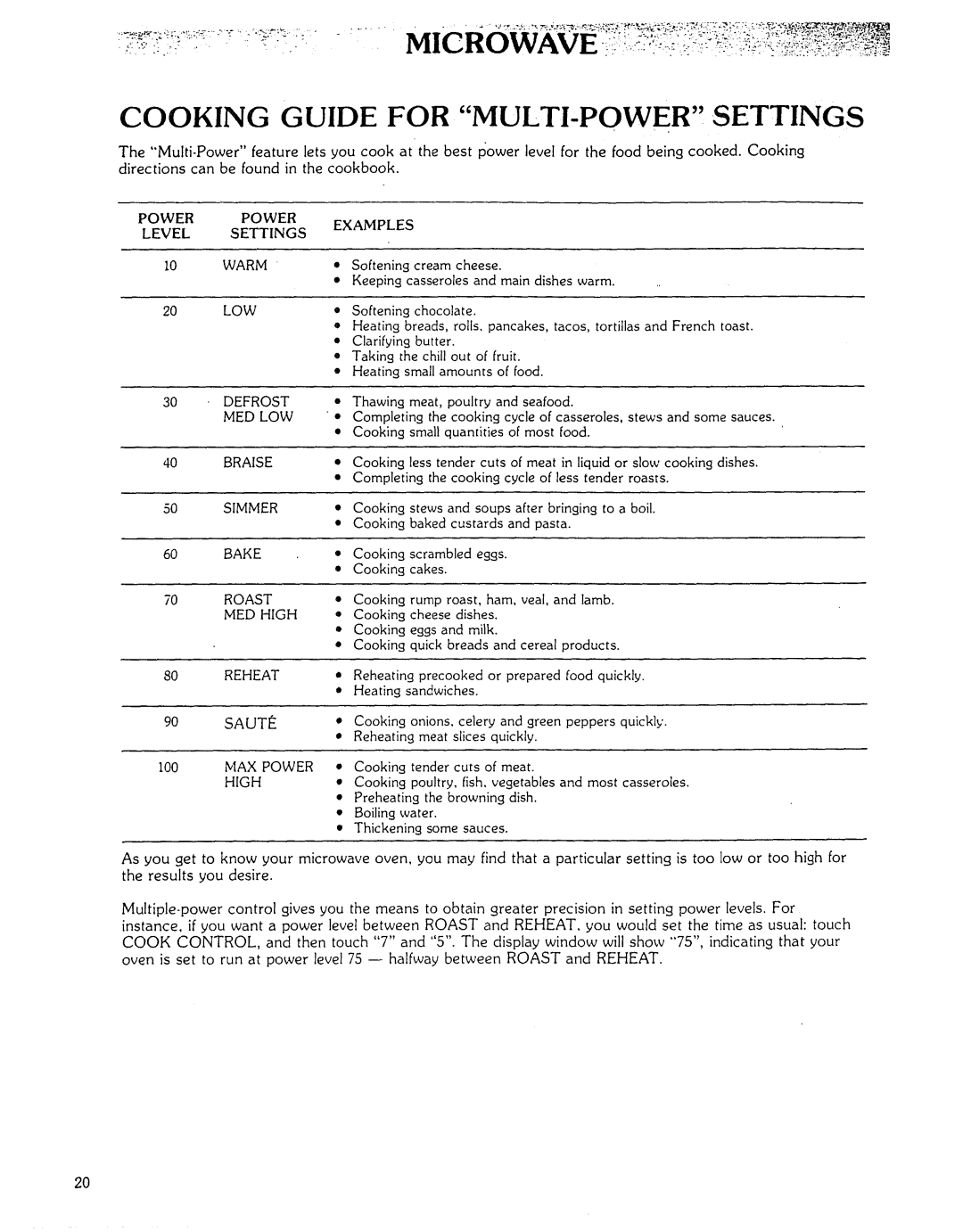 Kenmore Microwave Oven manual Cooking Guide for MULTI-POWER, Settings, Low 