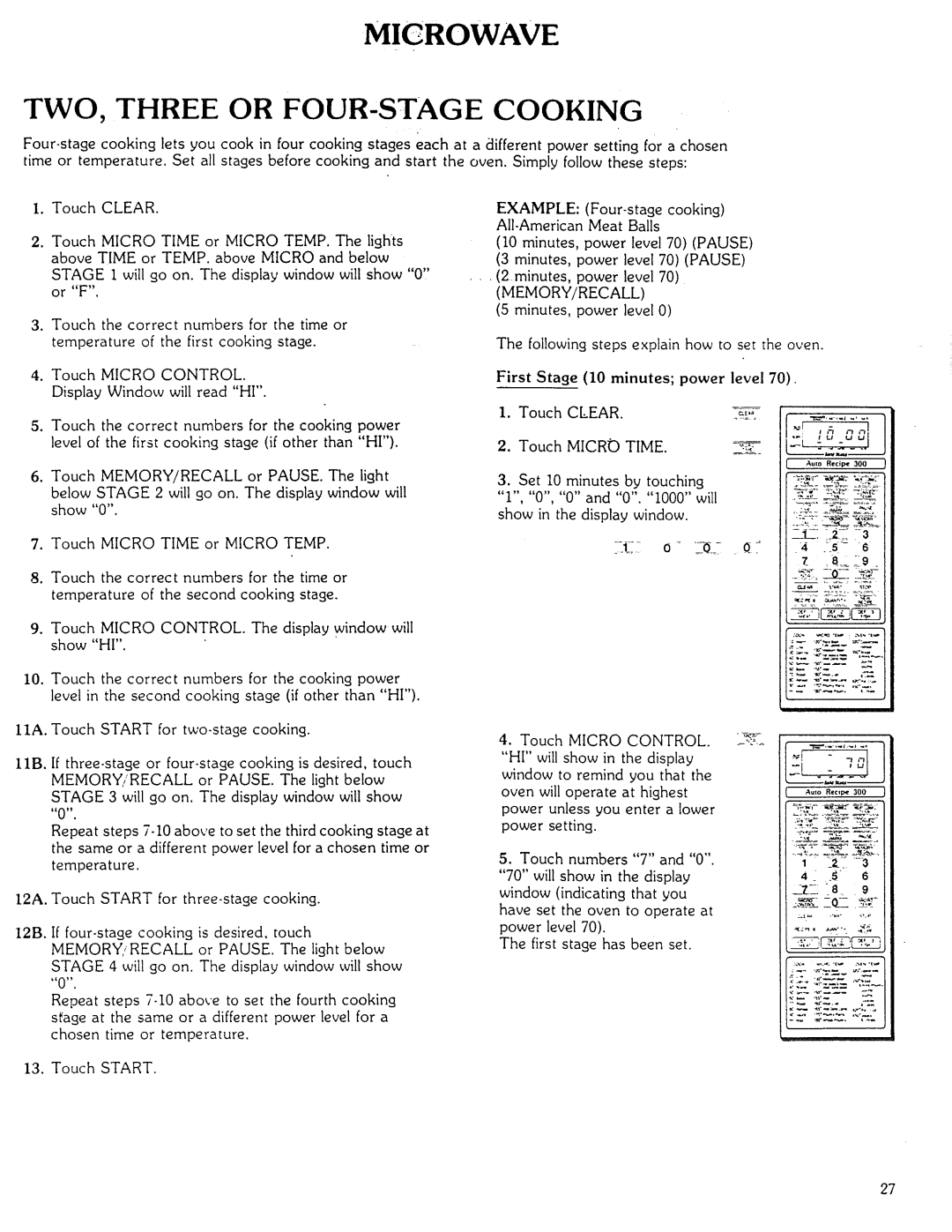 Kenmore Microwave Oven manual TWO, Three or FOUR-STAGE Cooking, 12A. Touch Start for three-stage cooking 