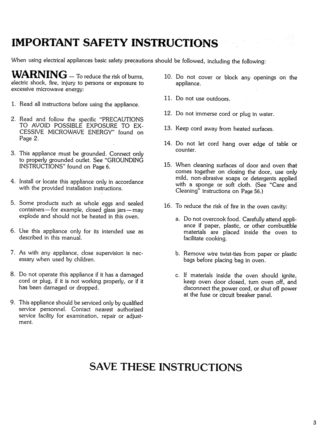 Kenmore Microwave Oven manual Important Safety Instructions, To Avoid Possible Exposure to EX 