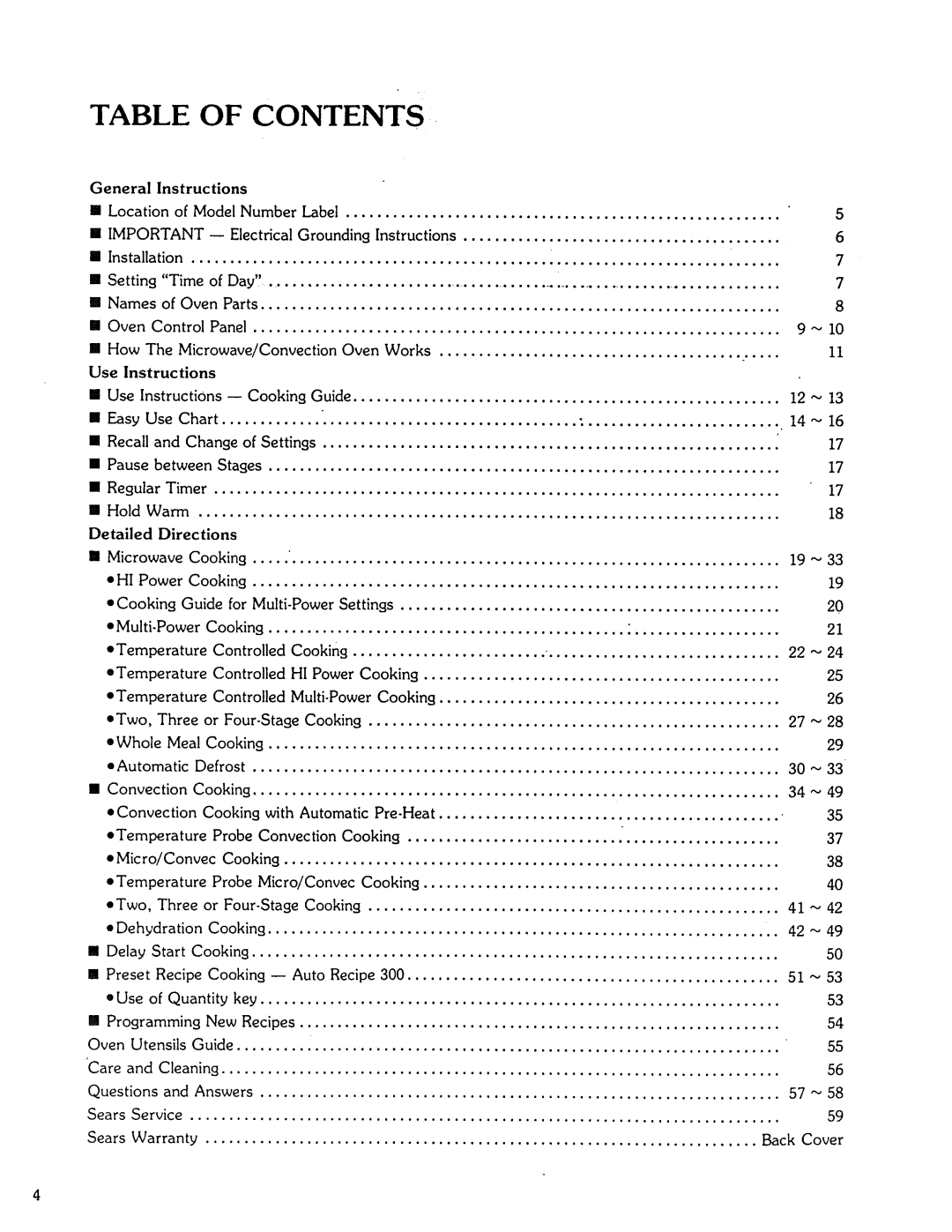 Kenmore Microwave Oven manual Contents 