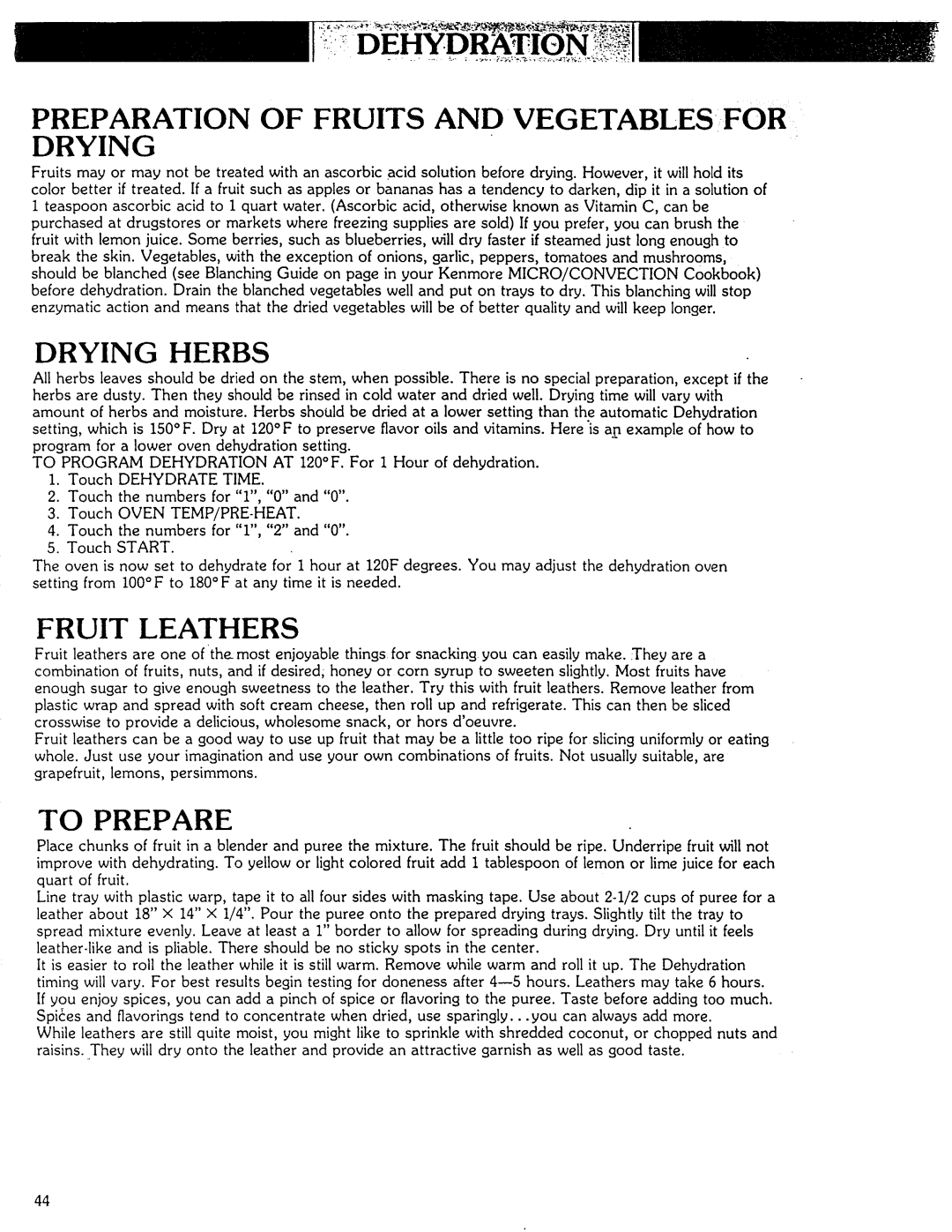 Kenmore Microwave Oven manual Preparation of Fruits and Vegetablesfor Drying 