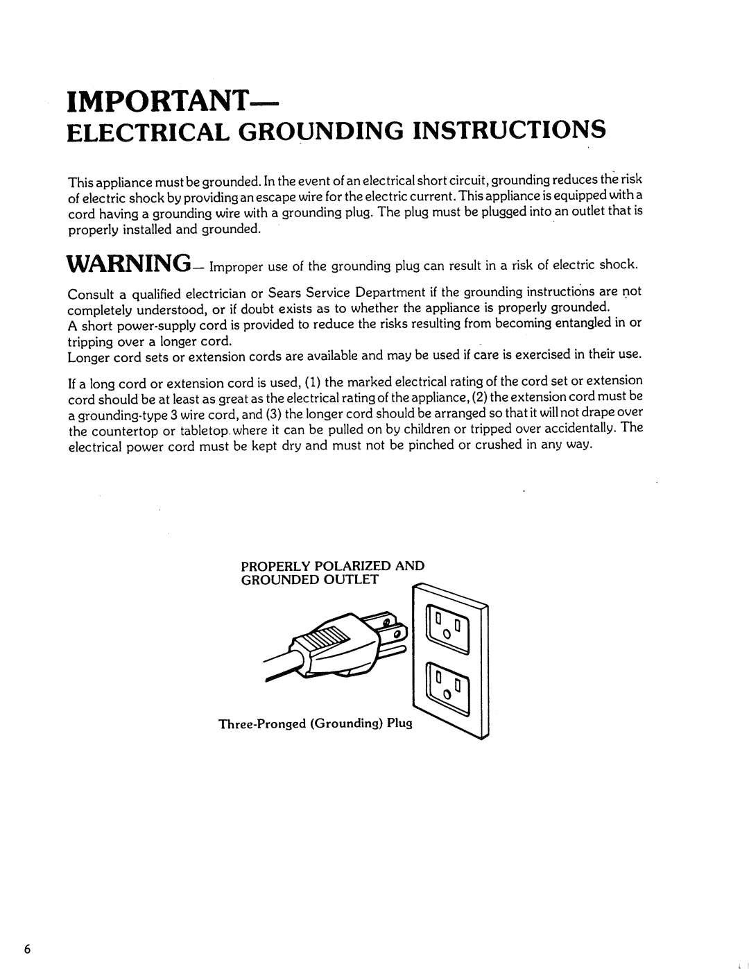 Kenmore Microwave Oven manual Properly Polarized Grounded Outlet, Three-Pronged Grounding Plug 