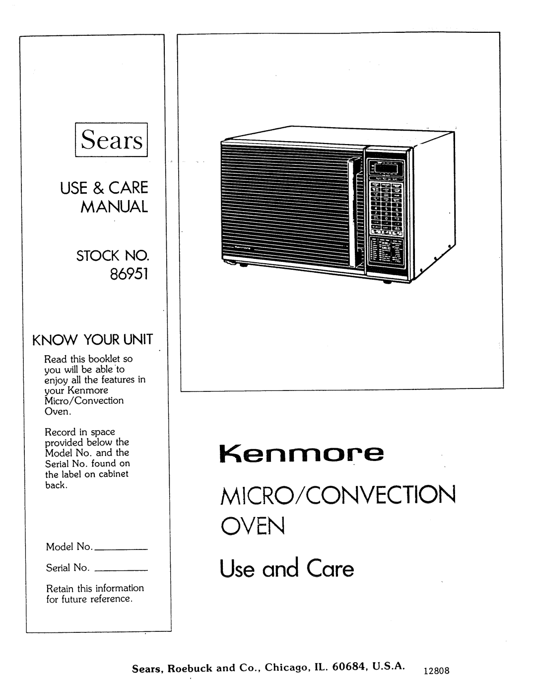 Kenmore Microwave Oven manual MICRO/C O NVECTION OVEN Use and Care, Use& Care Manual, 86951, Stock No, Know Your Unit 
