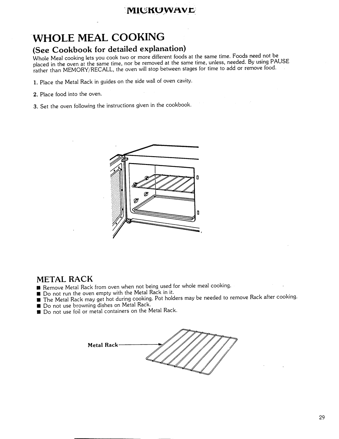 Kenmore Microwave Oven manual l KUW, vr, Whole Meal Cooking, See Cookbook for detailed explanation, Metal Rack 