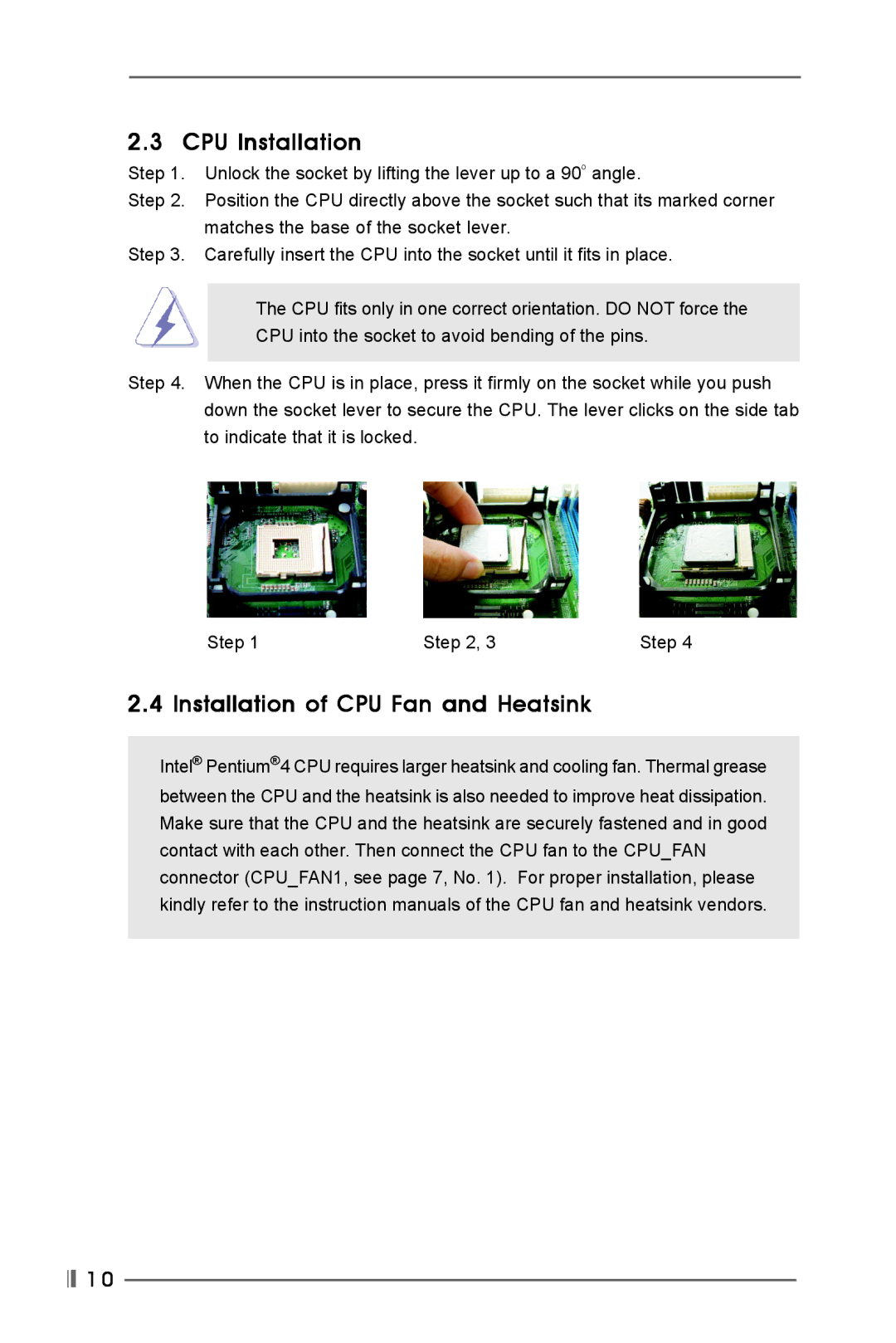 Kenmore P4VT8 user manual CPU Installation, Installation of CPU Fan and Heatsink 