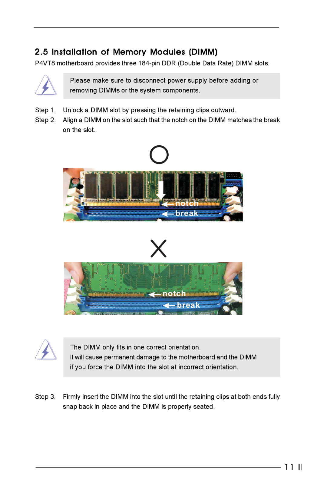 Kenmore P4VT8 user manual Installation of Memory Modules Dimm, Notch break 