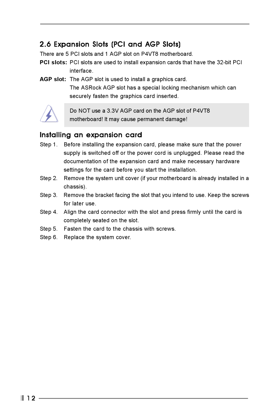 Kenmore P4VT8 user manual Expansion Slots PCI and AGP Slots, Installing an expansion card 