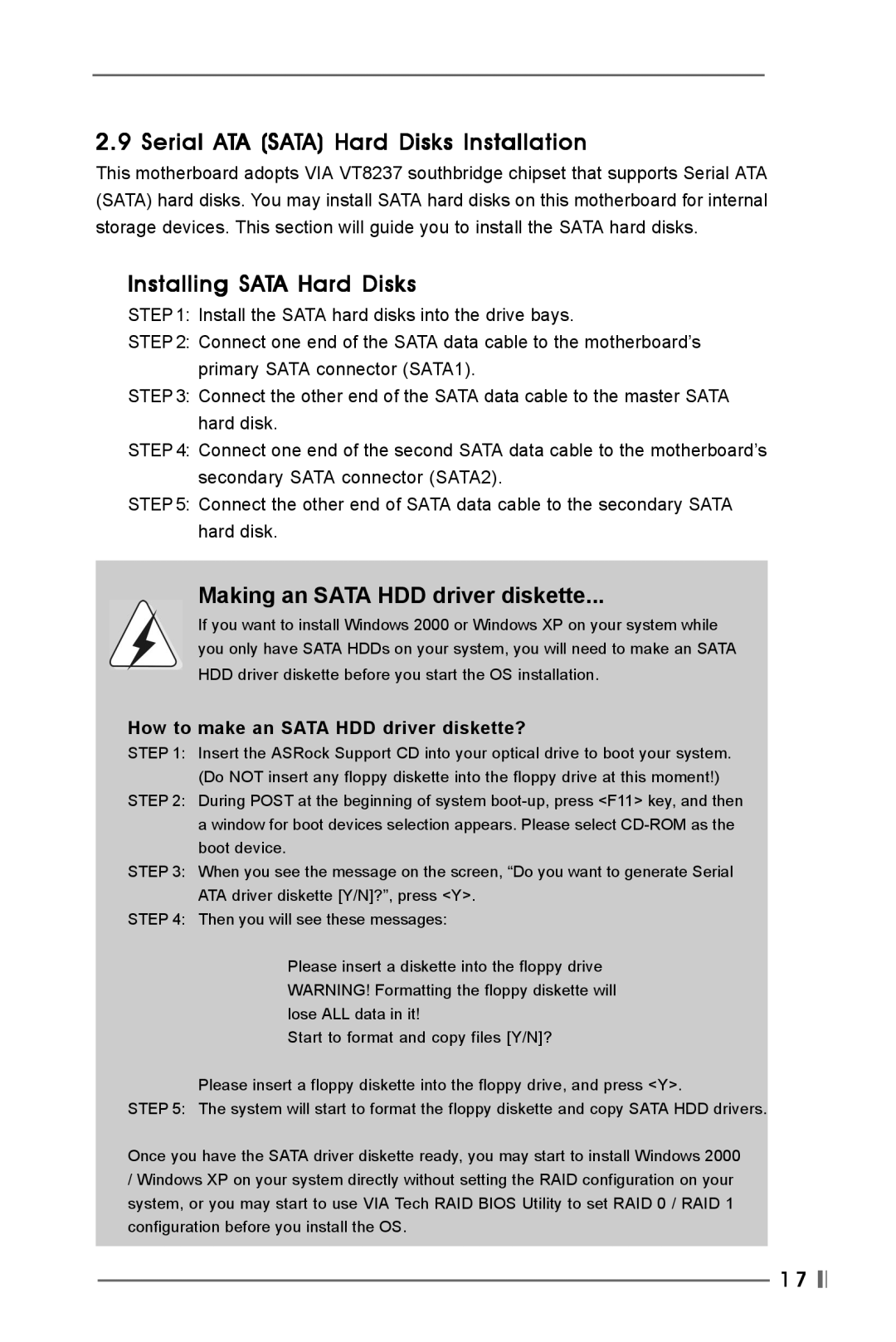 Kenmore P4VT8 Serial ATA Sata Hard Disks Installation, Installing Sata Hard Disks, Making an Sata HDD driver diskette 