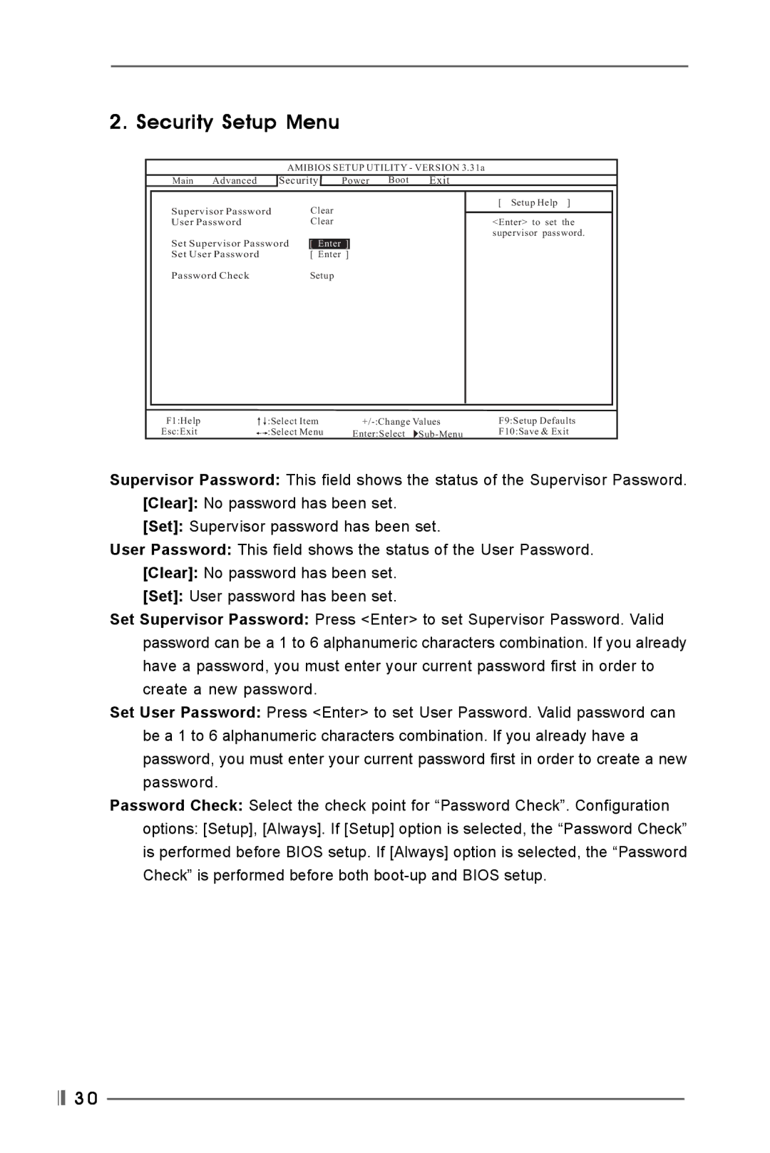 Kenmore P4VT8 user manual Security Setup Menu, Enter 