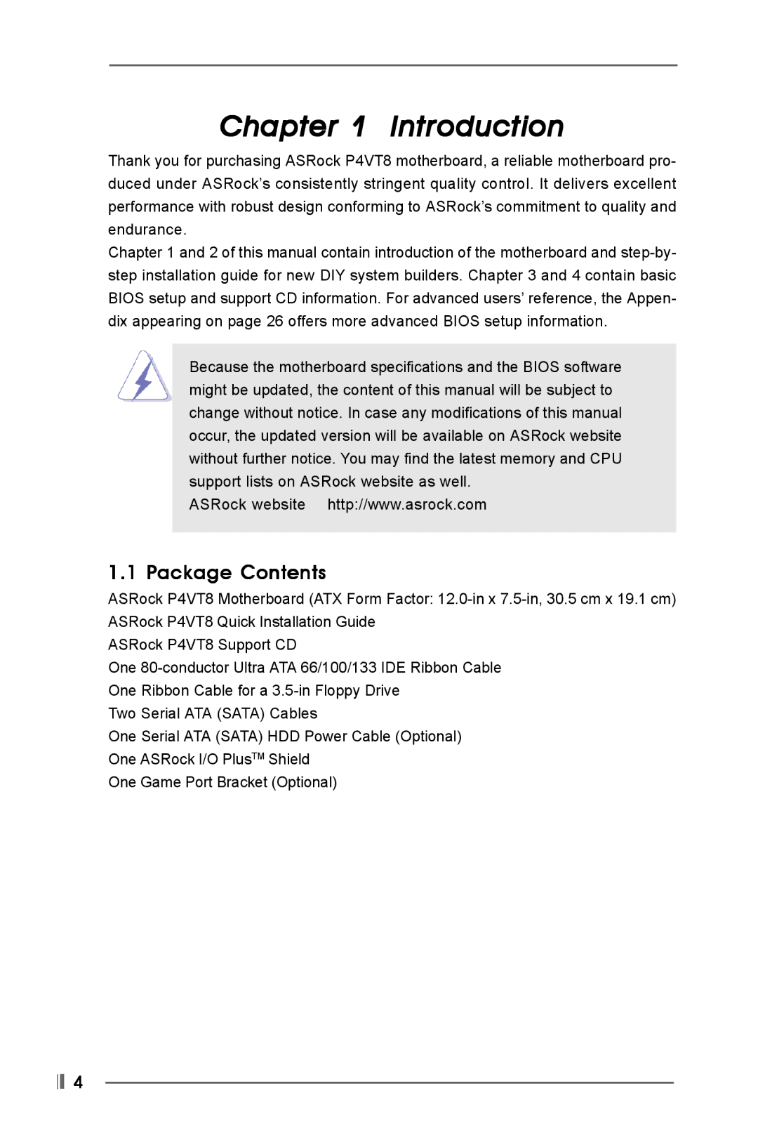 Kenmore P4VT8 user manual Introduction, Package Contents 