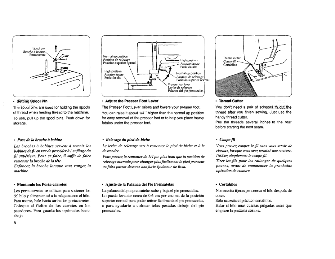 Kenmore Sewing Machine manual Ajuste de la Palanca del Pie Prensatelas, Posici6n alta, Coupe-fd, Cortahilos 