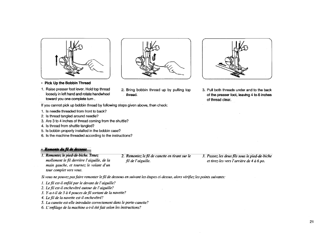 Kenmore Sewing Machine manual Pick Up the Bobbin Thread, Presser foot, leaving 4 to 6 inches of thread clear, Emontez 
