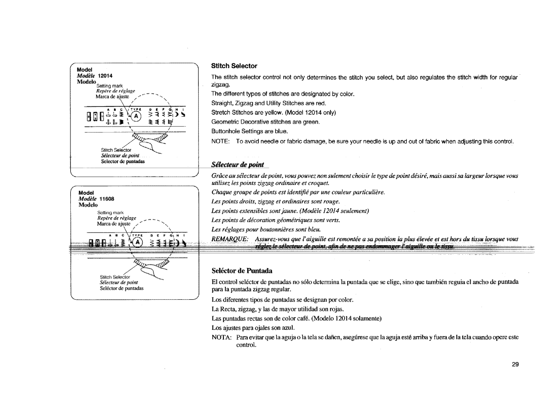 Kenmore Sewing Machine manual Sdlecteur de point, Selectordepuatadas Model 